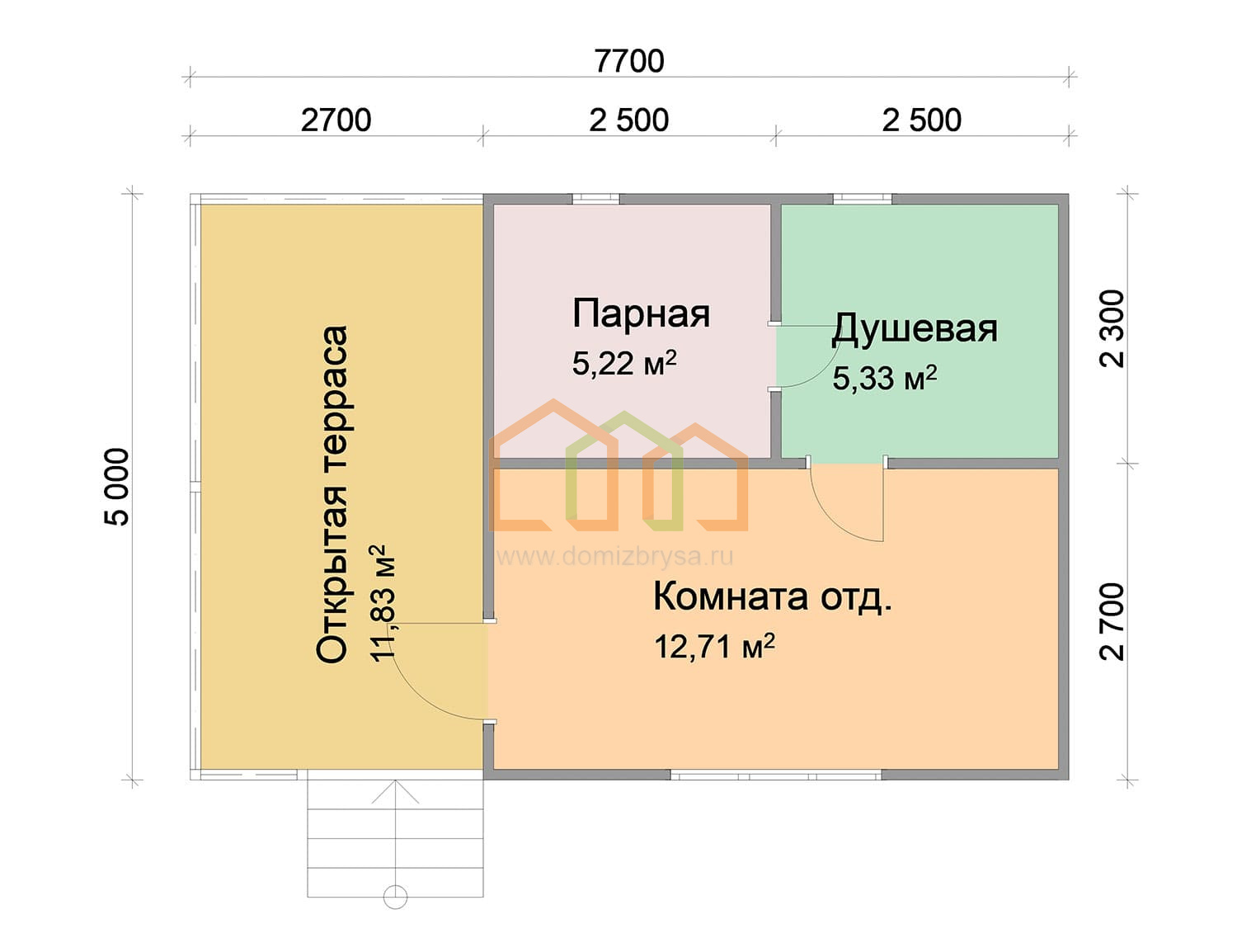 Баня из бруса одноэтажная Гестия 5х7,7 Площадь: 38,5 м² с террасой под ключ  в Алексине